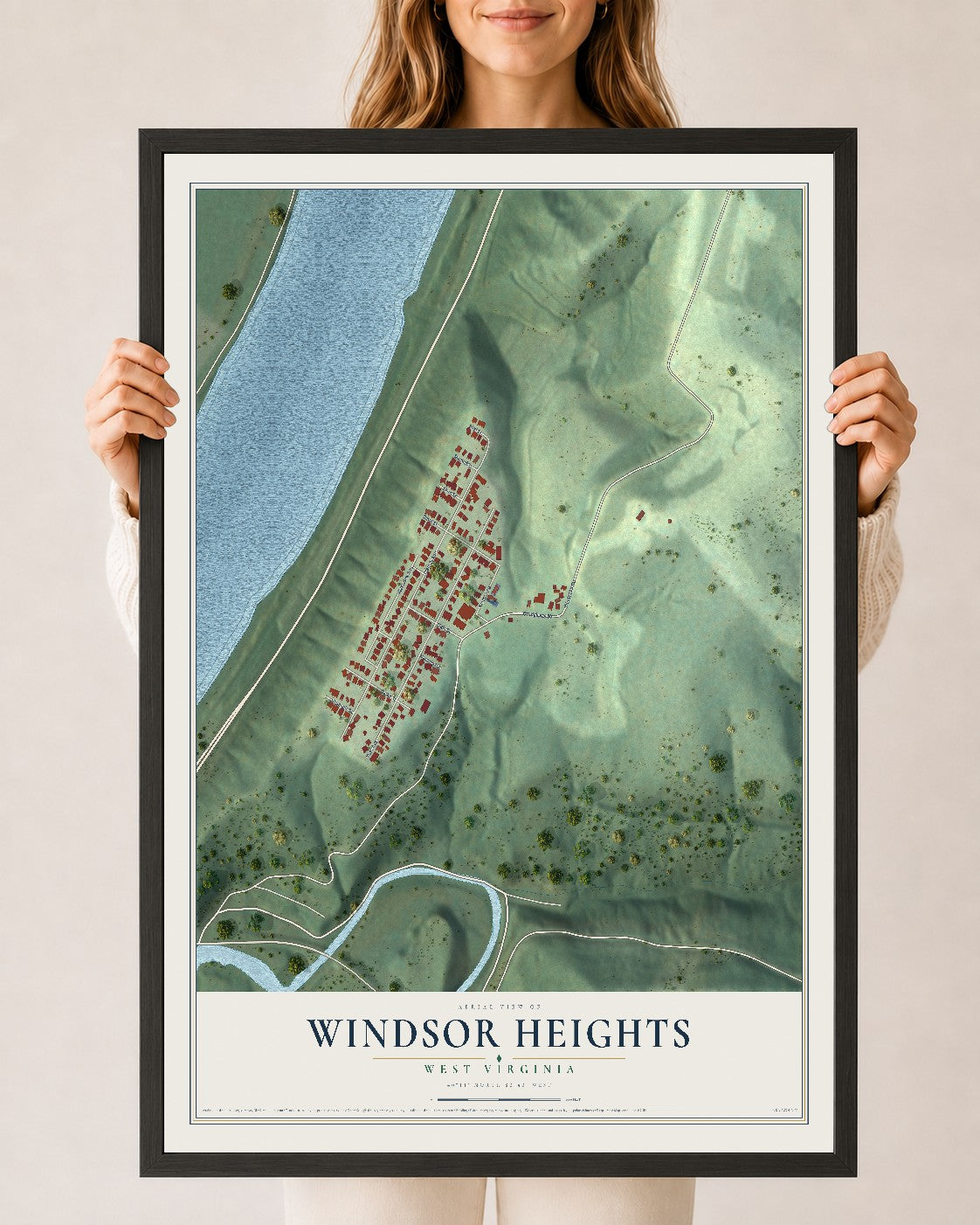 Map of Windsor Heights, West Virginia, 24 x 36 inch print in a black wood frame