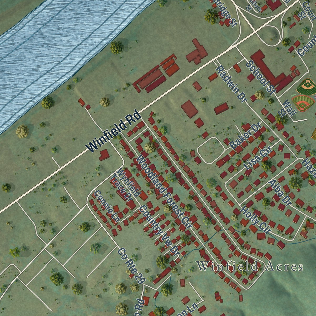 Second close-up of the map of Winfield, West Virginia print showing more streets and buildings