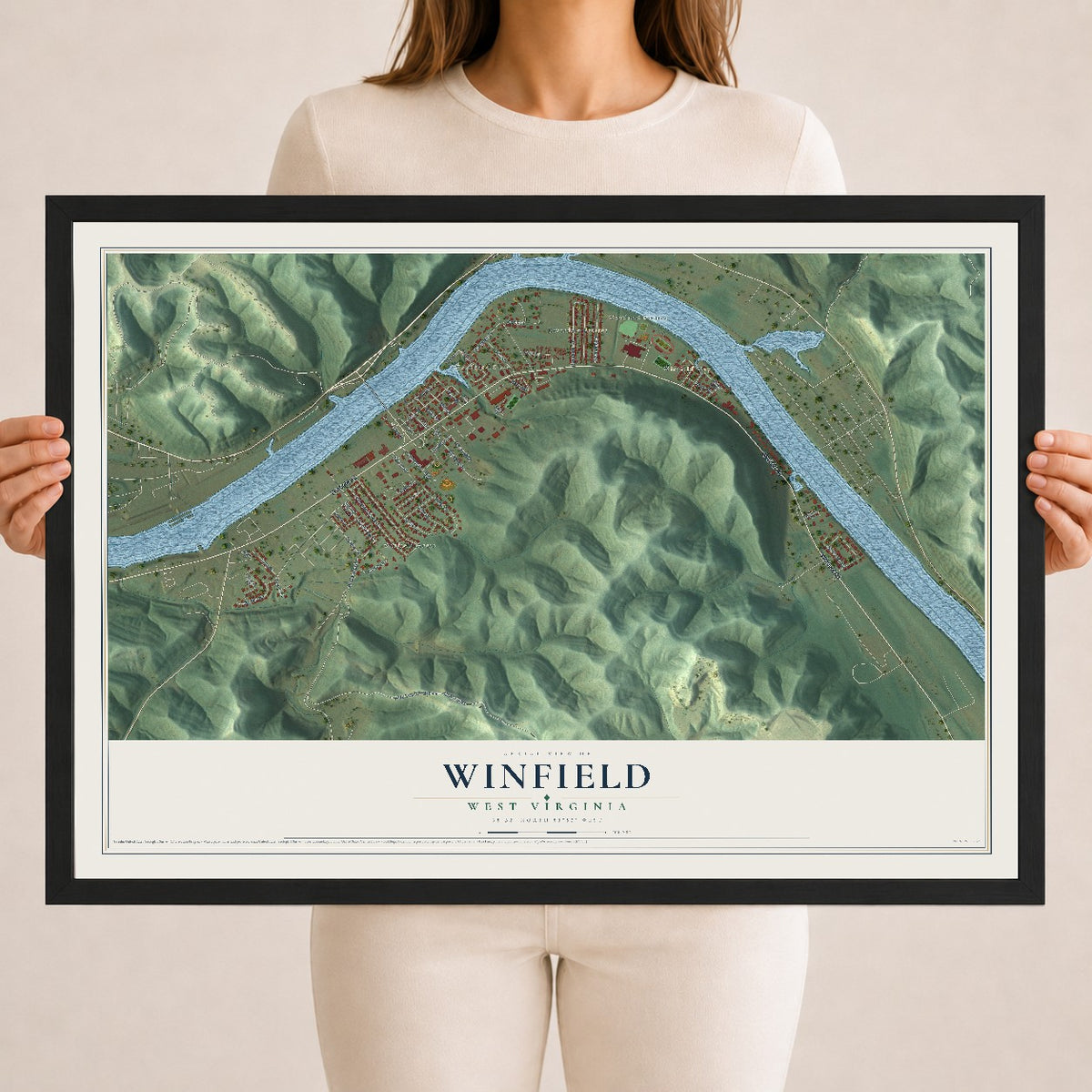 Map of Winfield, West Virginia, 18 x 24 inch print in a black wood frame