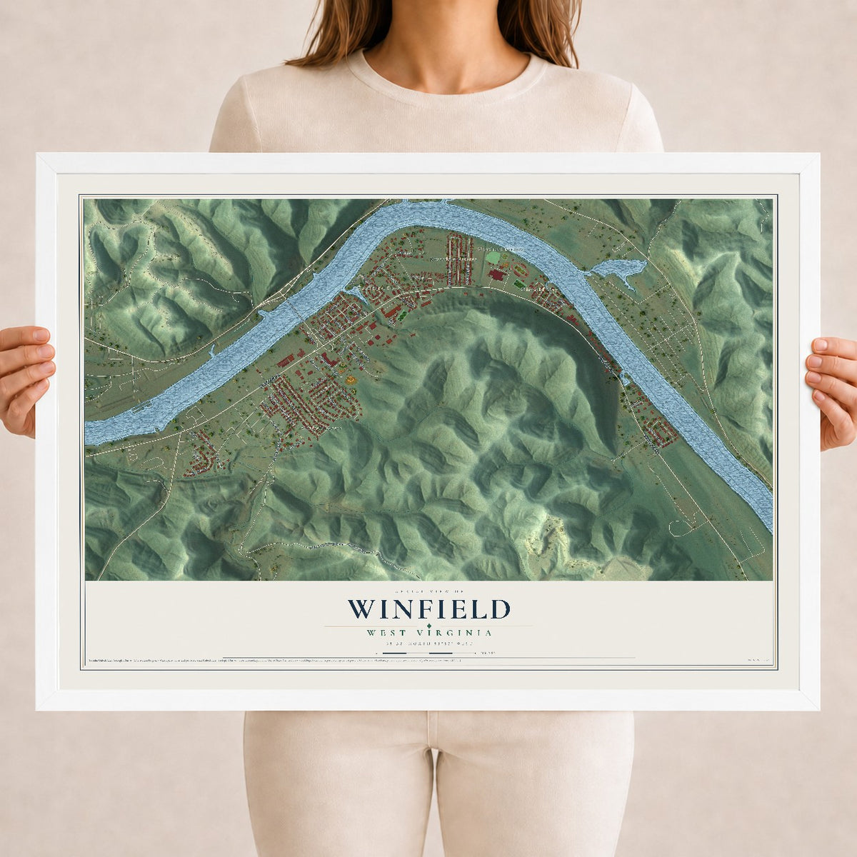 Map of Winfield, West Virginia, 18 x 24 inch print in a white wood frame