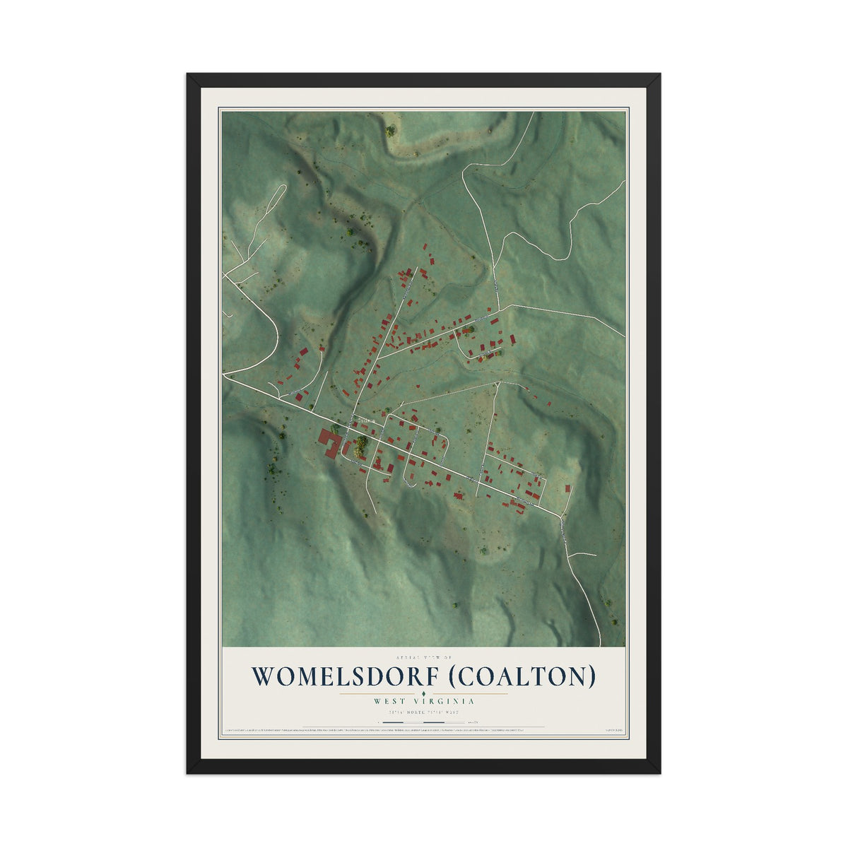 Map of Womelsdorf (Coalton), West Virginia, 12 x 18 inch print in a black wood frame