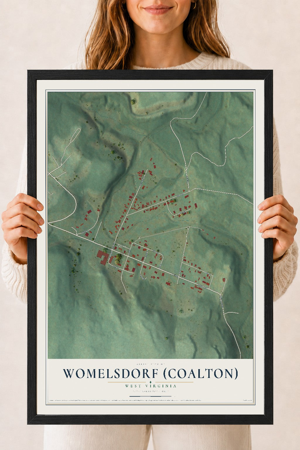Map of Womelsdorf (Coalton), West Virginia, 18 x 24 inch print in a black wood frame