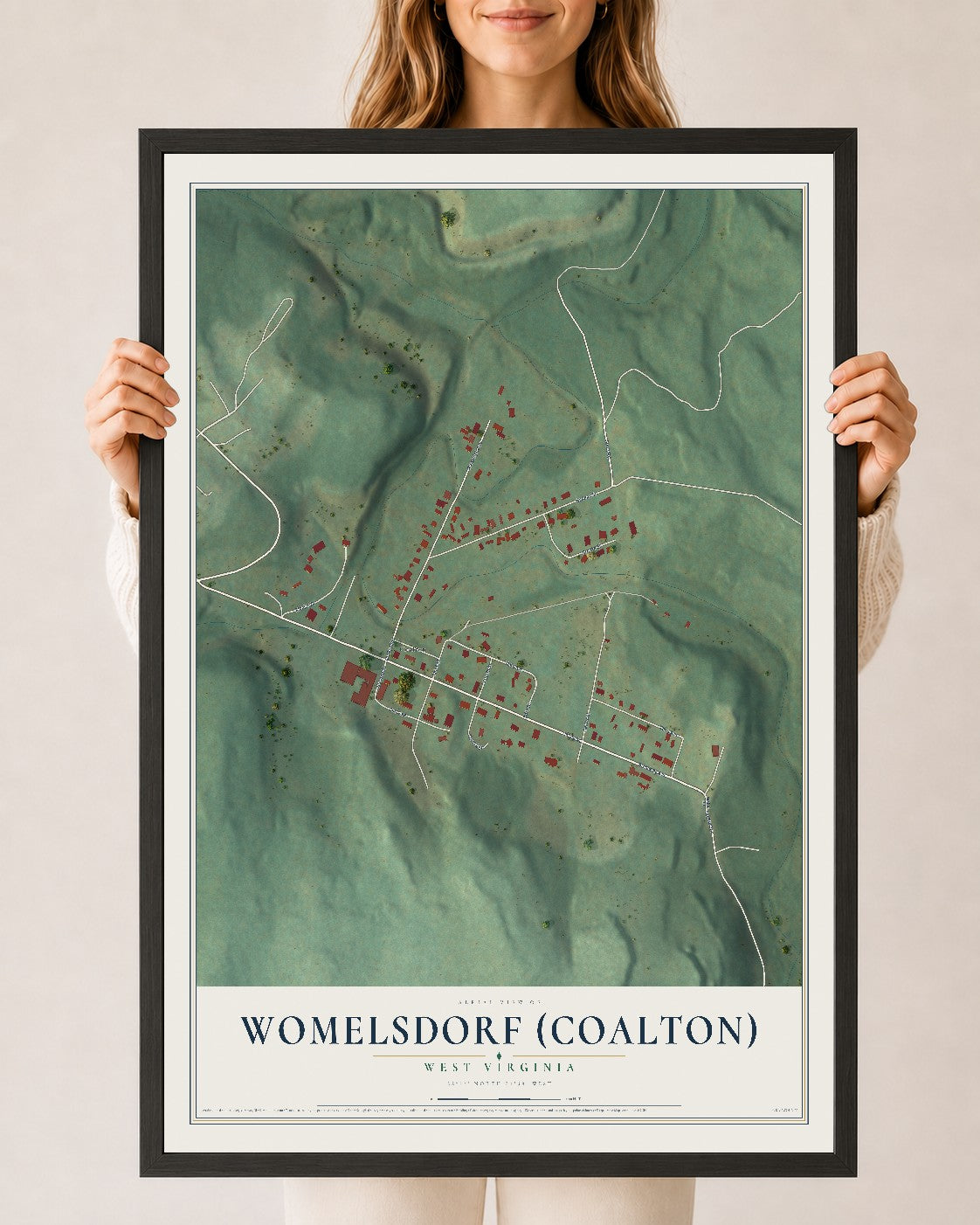 Map of Womelsdorf (Coalton), West Virginia, 24 x 36 inch print in a black wood frame
