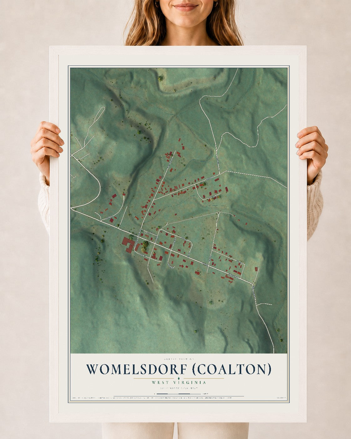 Map of Womelsdorf (Coalton), West Virginia, 24 x 36 inch print in a white wood frame