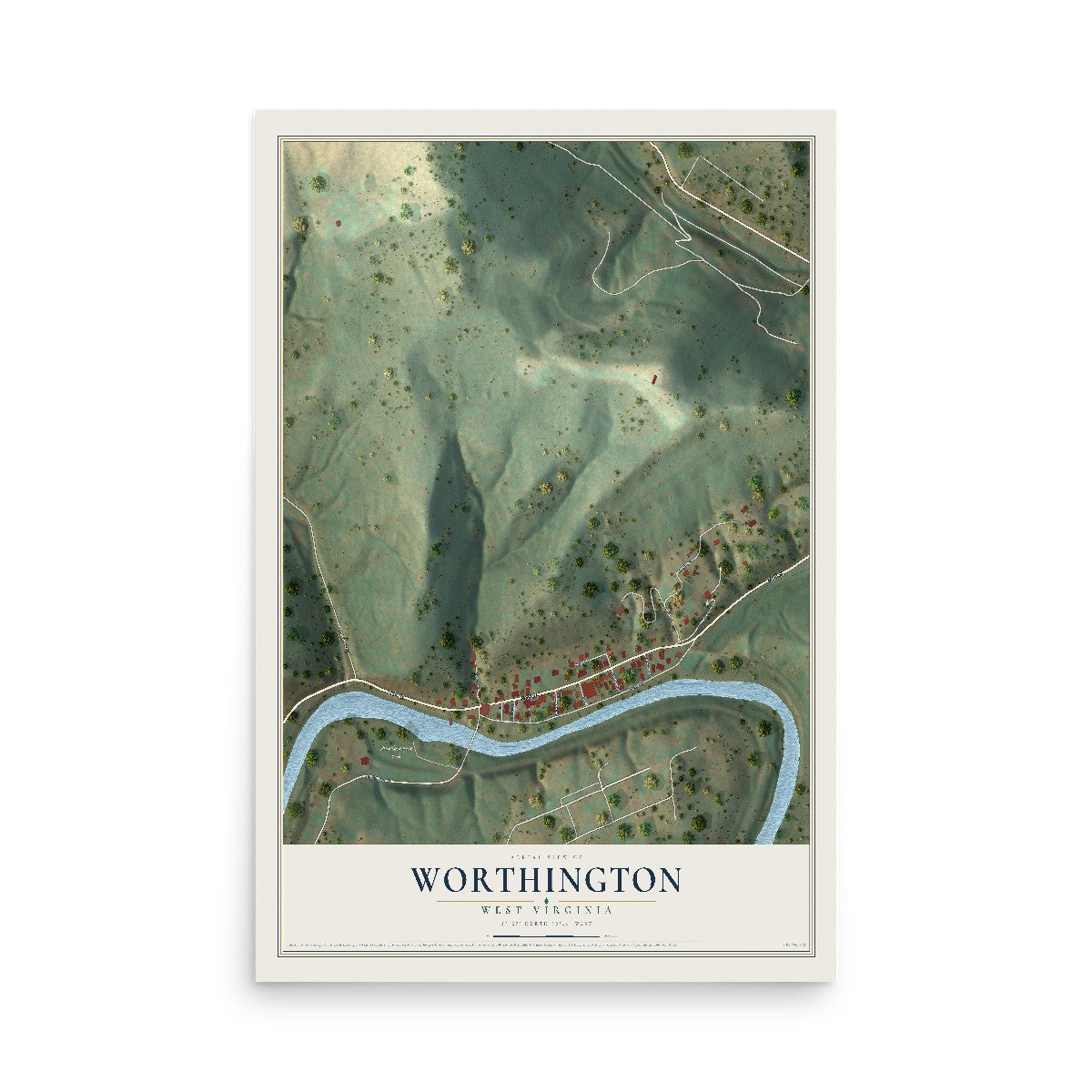 Map of Worthington, West Virginia, 12 x 18 inch unframed archival matte print