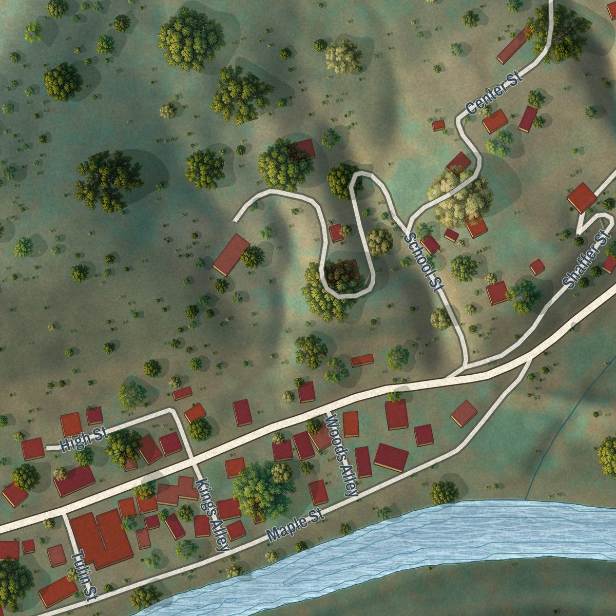 Close-up of the map of Worthington, West Virginia print showing street and building detail