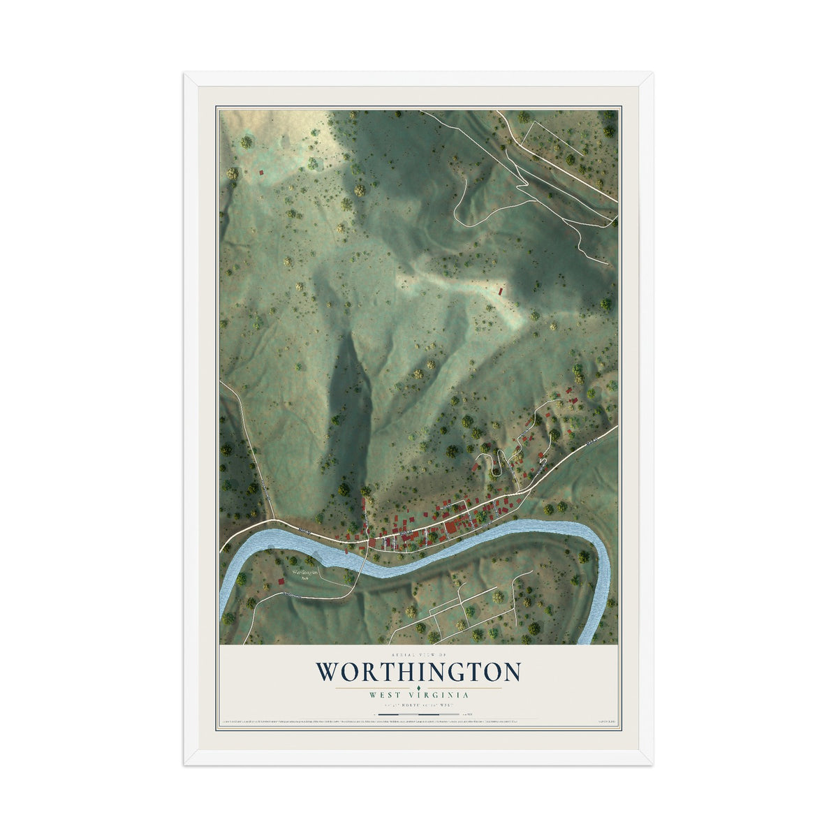 Map of Worthington, West Virginia, 12 x 18 inch print in a white wood frame