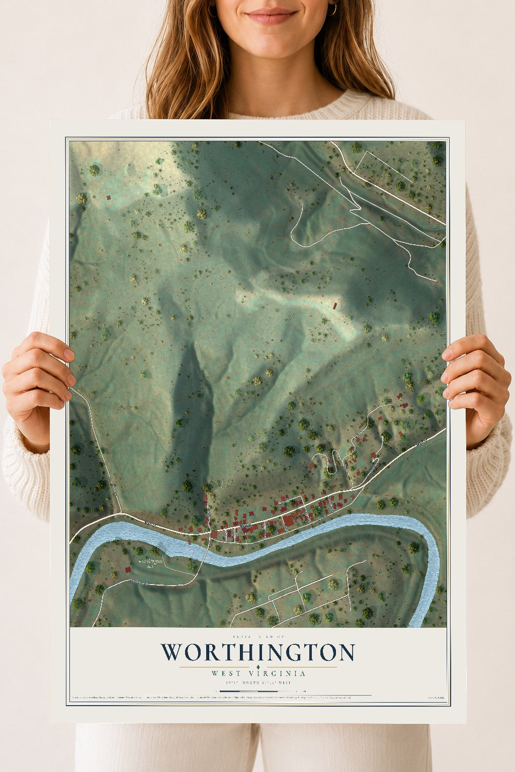 Map of Worthington, West Virginia, 18 x 24 inch unframed archival matte print