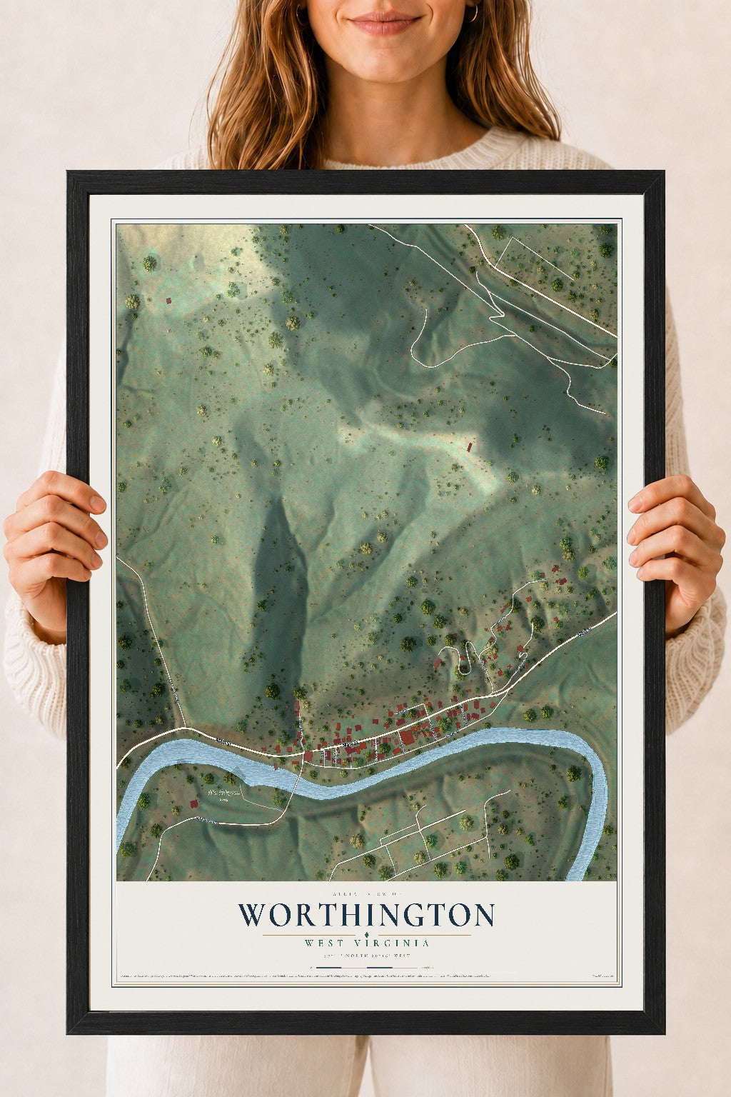 Map of Worthington, West Virginia, 18 x 24 inch print in a black wood frame