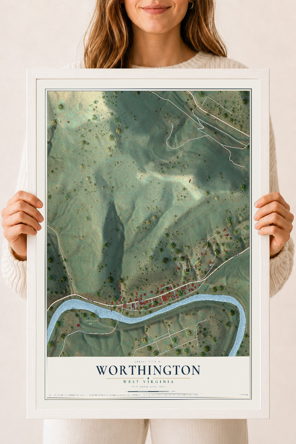 Map of Worthington, West Virginia, 18 x 24 inch print in a white wood frame