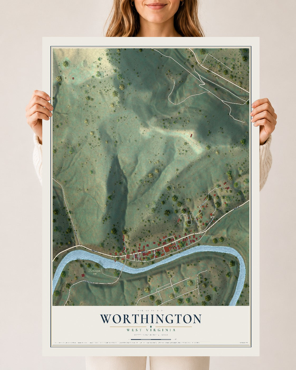 Map of Worthington, West Virginia, 24 x 36 inch unframed archival matte print