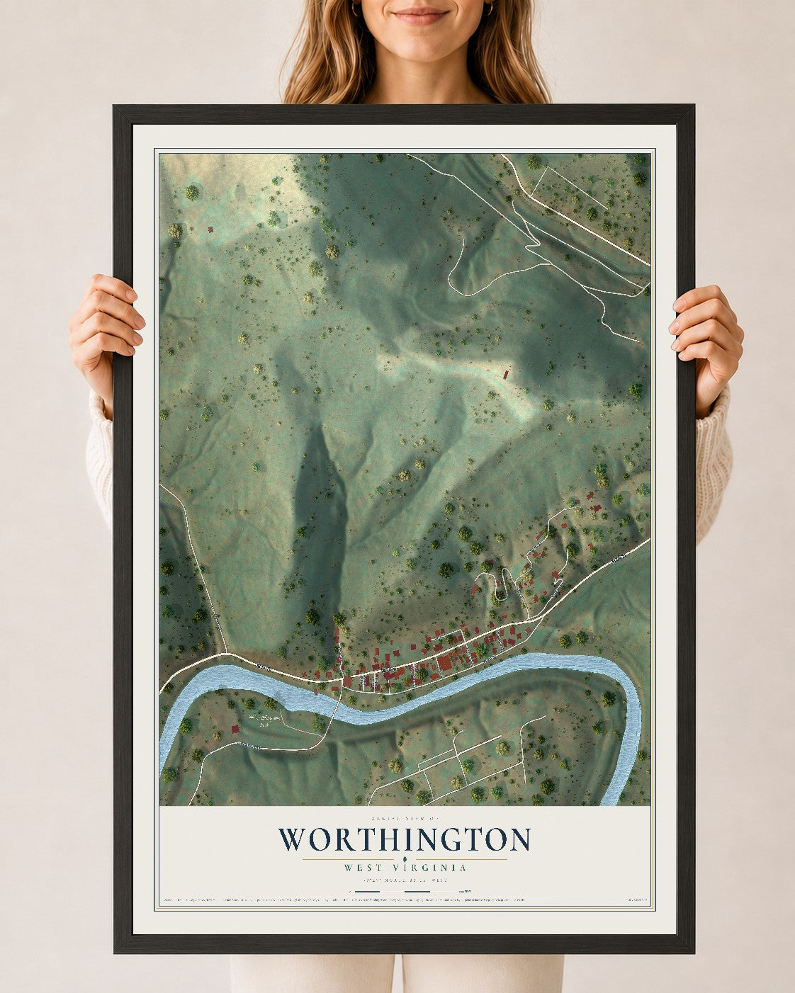 Map of Worthington, West Virginia, 24 x 36 inch print in a black wood frame