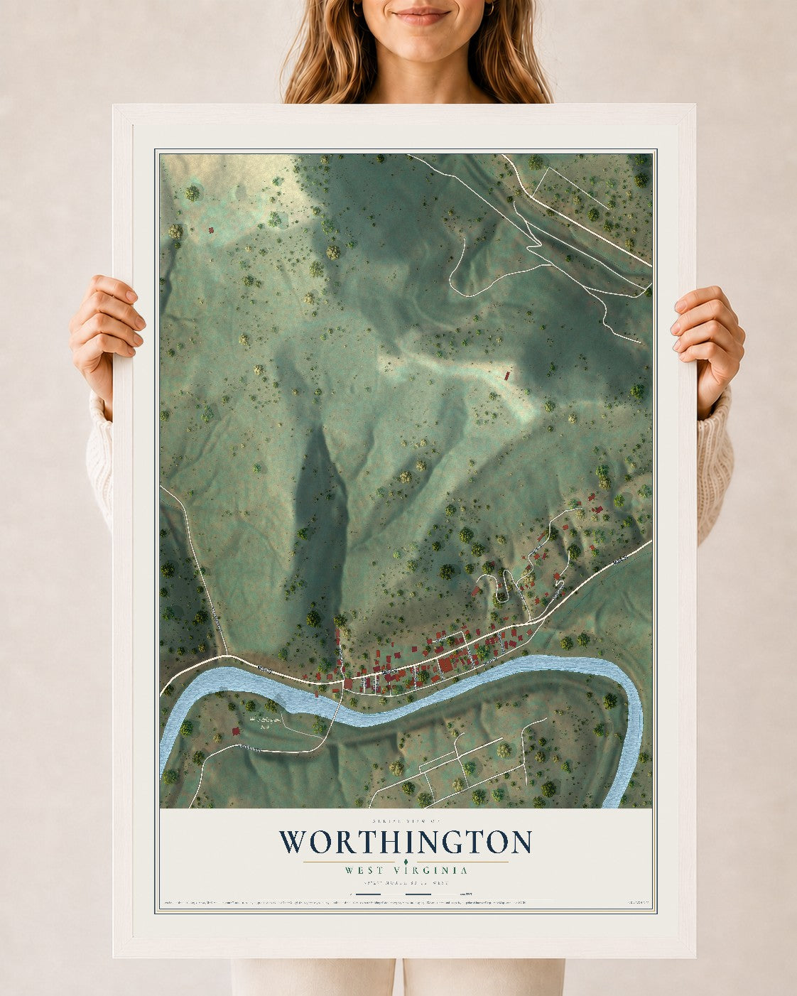 Map of Worthington, West Virginia, 24 x 36 inch print in a white wood frame