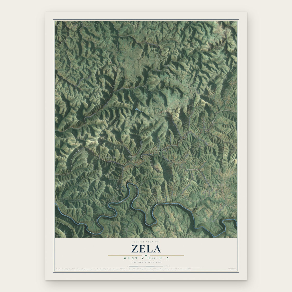 Zela, West Virginia map print, the full design