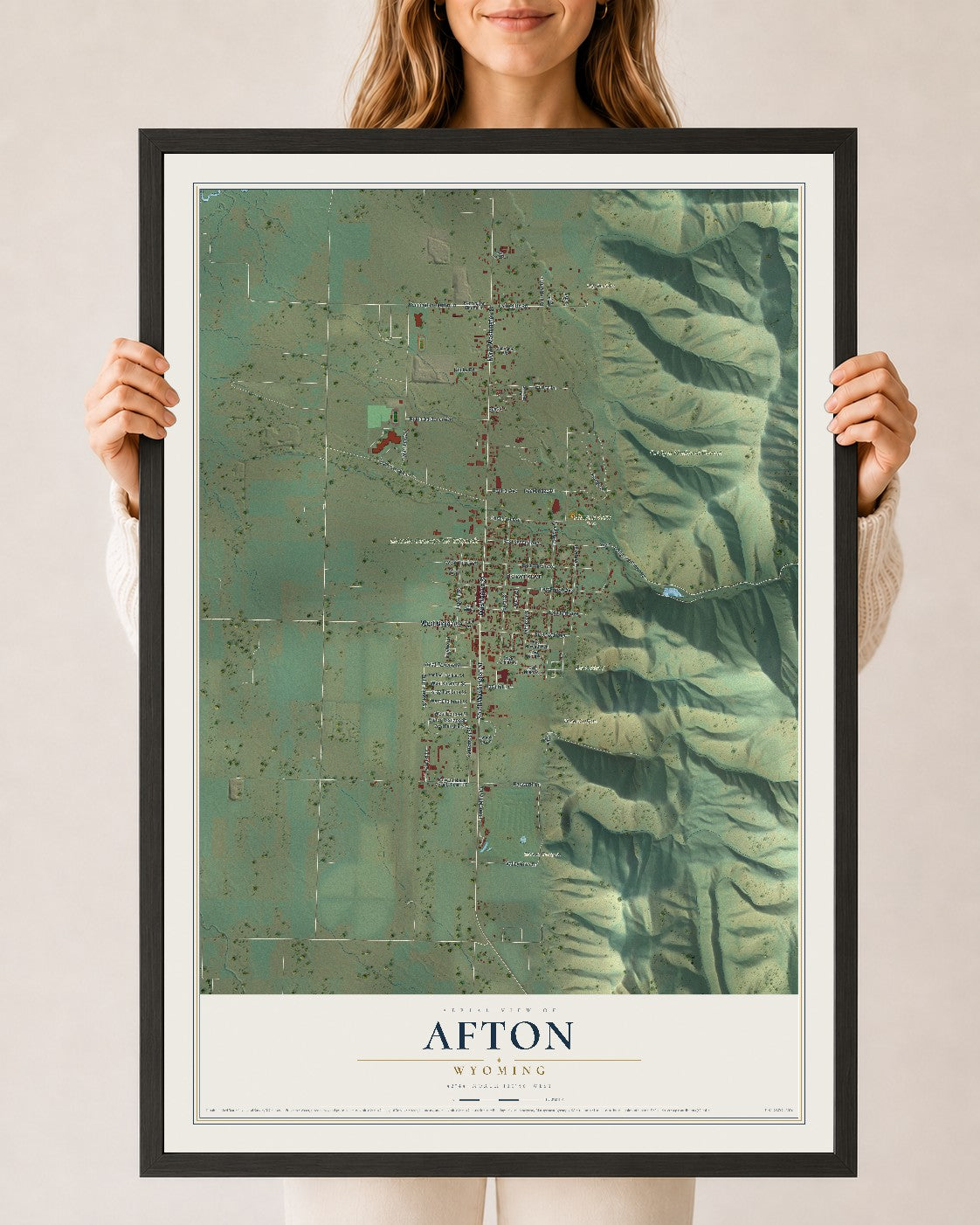 Map of Afton, Wyoming, 24 x 36 inch print in a black wood frame