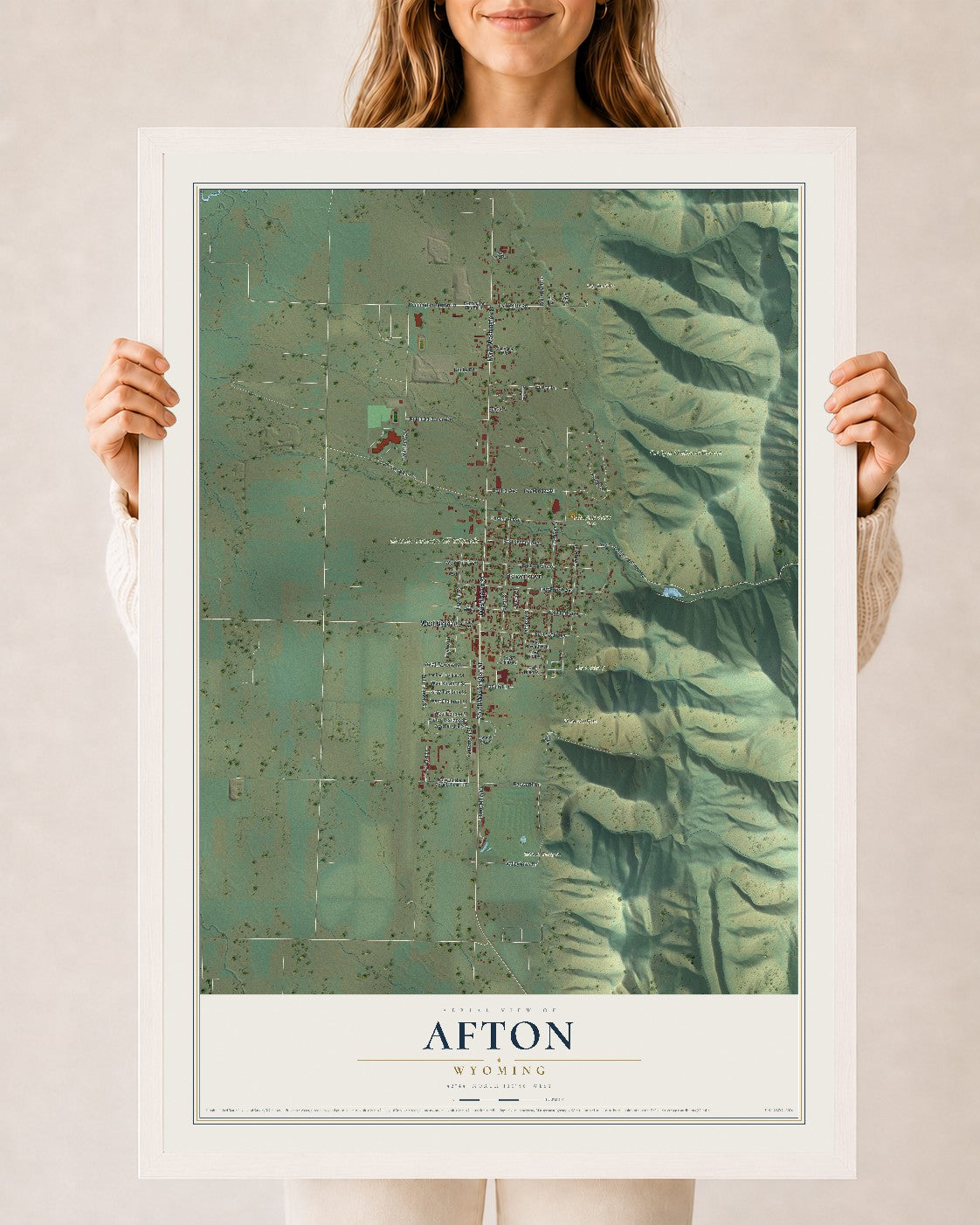 Map of Afton, Wyoming, 24 x 36 inch print in a white wood frame