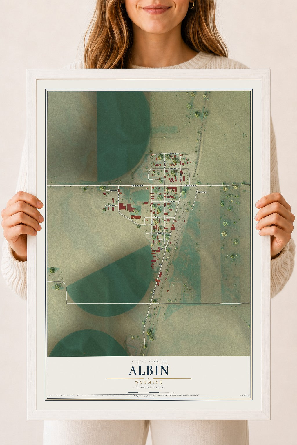 Map of Albin, Wyoming, 18 x 24 inch print in a white wood frame
