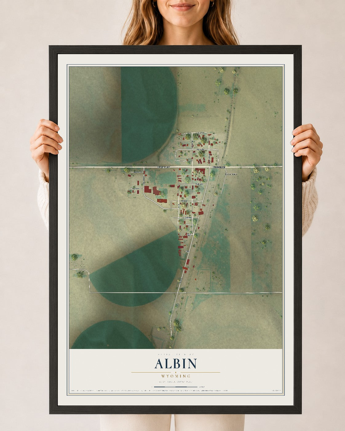 Map of Albin, Wyoming, 24 x 36 inch print in a black wood frame