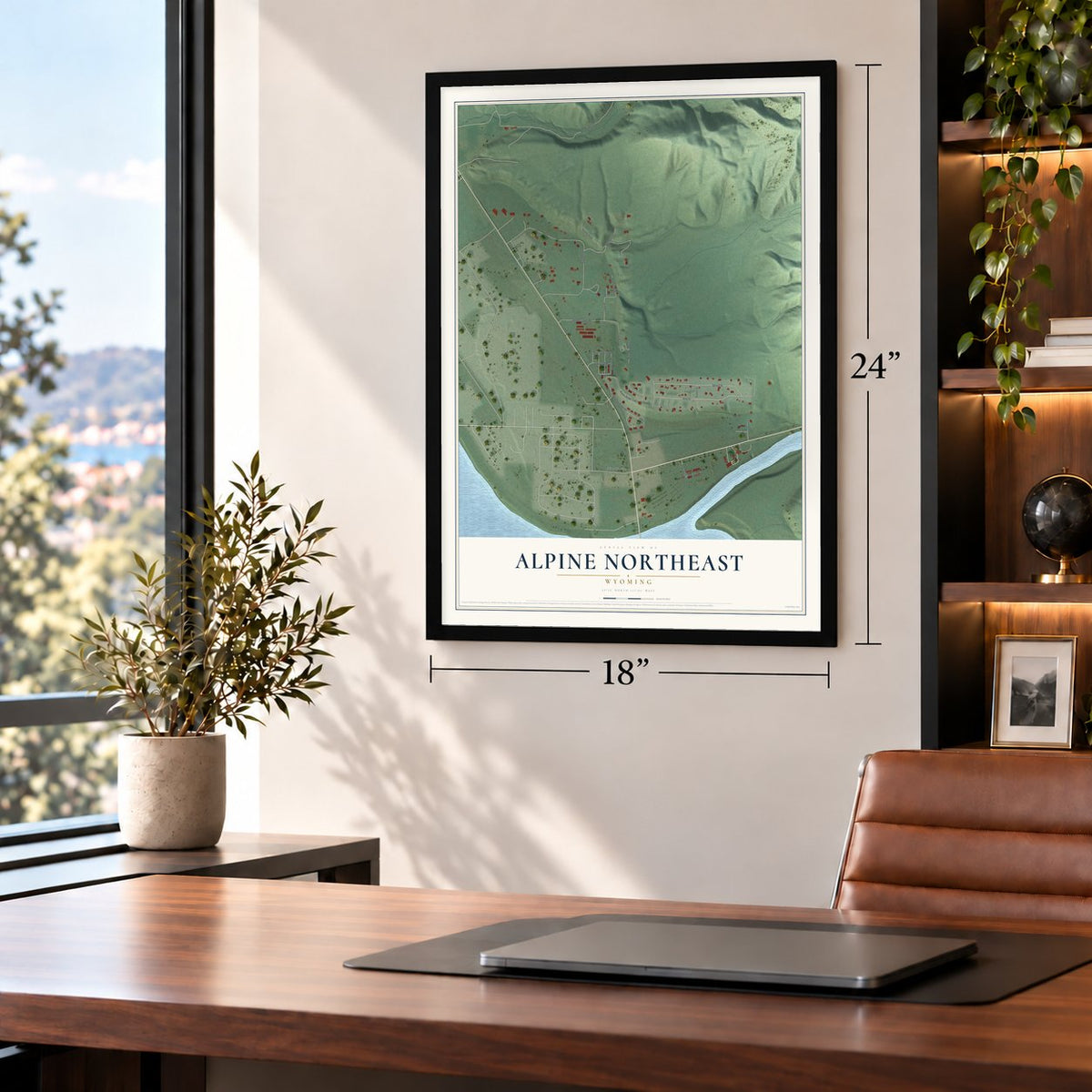Alpine Northeast, Wyoming map, 18 x 24 inch print in a black frame in a home office