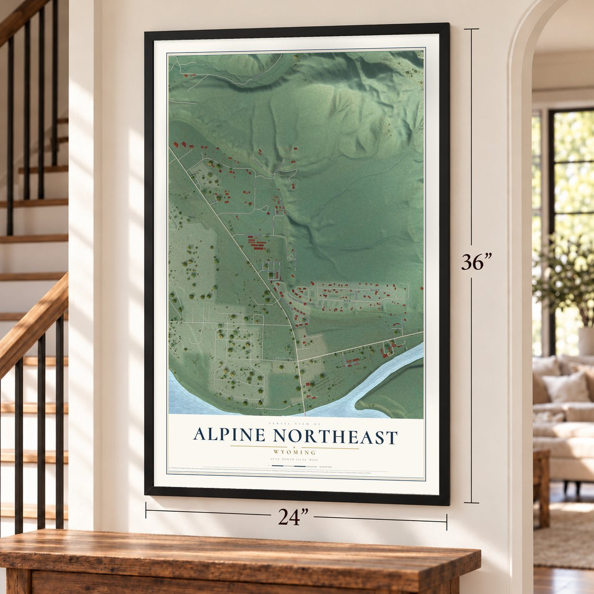 Alpine Northeast, Wyoming map, 24 x 36 inch print in a black frame by a staircase