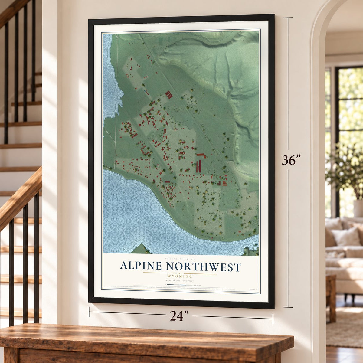 Alpine Northwest, Wyoming map, 24 x 36 inch print in a black frame by a staircase