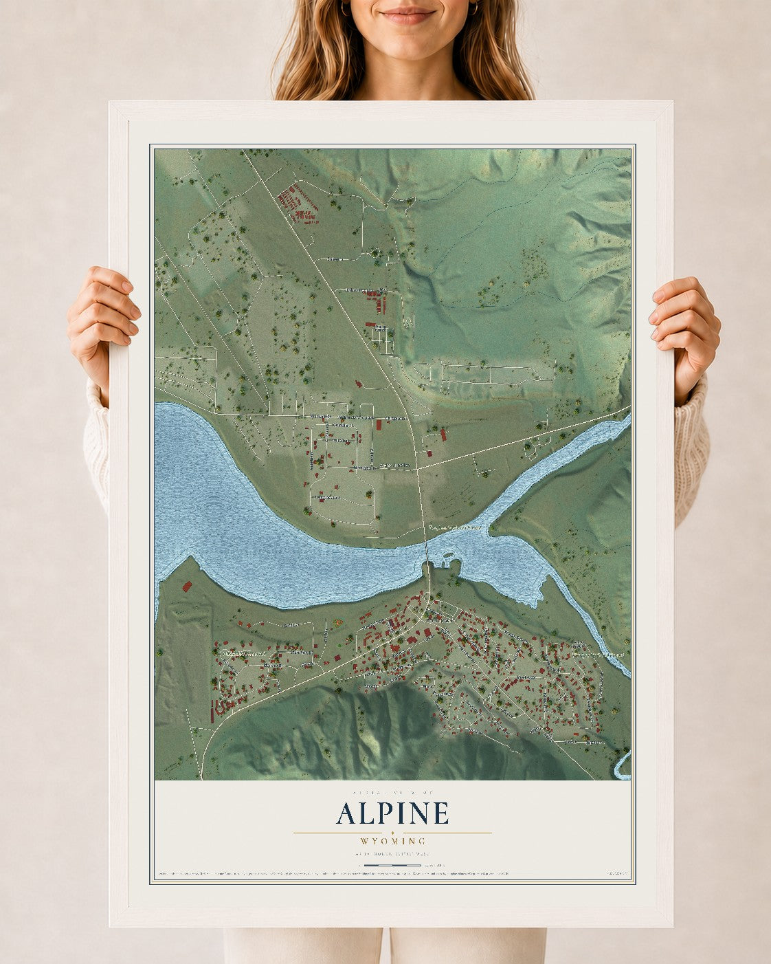 Map of Alpine, Wyoming, 24 x 36 inch print in a white wood frame