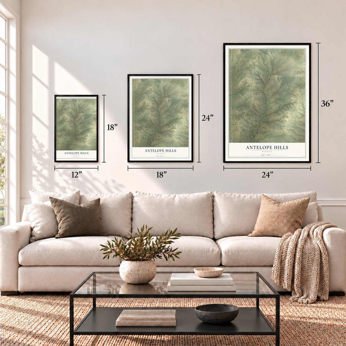 Antelope Hills, Wyoming map in 12 x 18, 18 x 24 and 24 x 36 inch sizes above a sofa