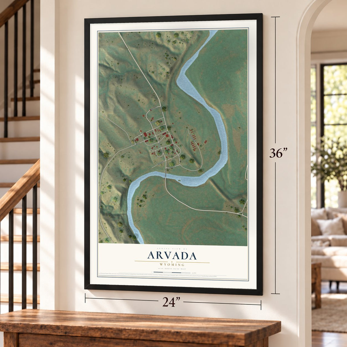 Arvada, Wyoming map, 24 x 36 inch print in a black frame by a staircase
