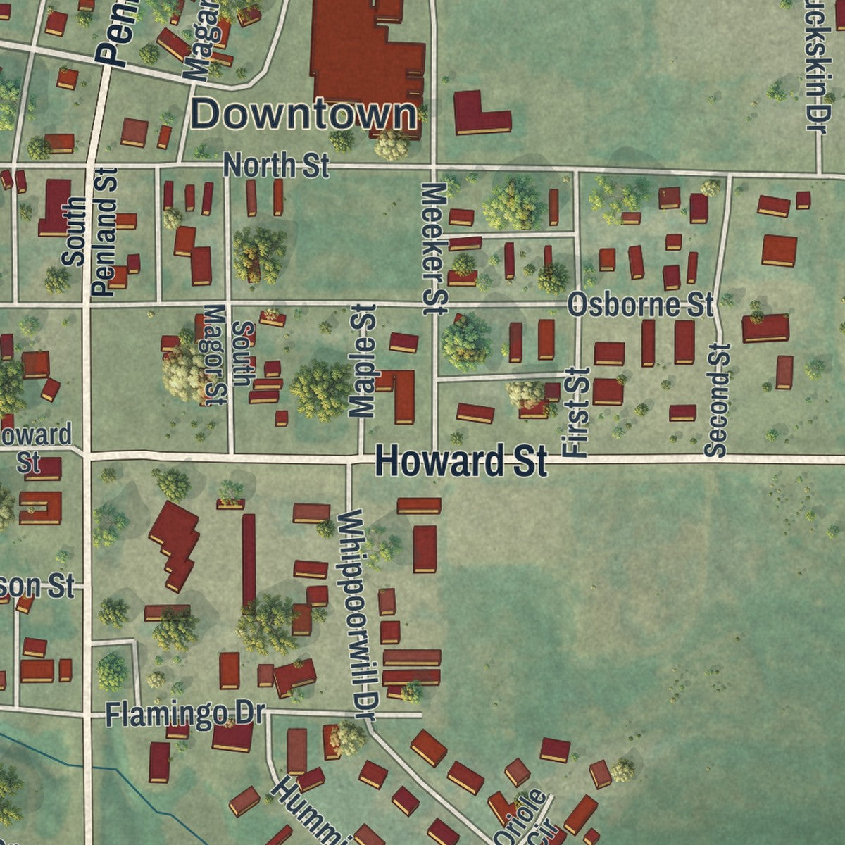 Close-up of the map of Baggs, Wyoming print showing street and building detail
