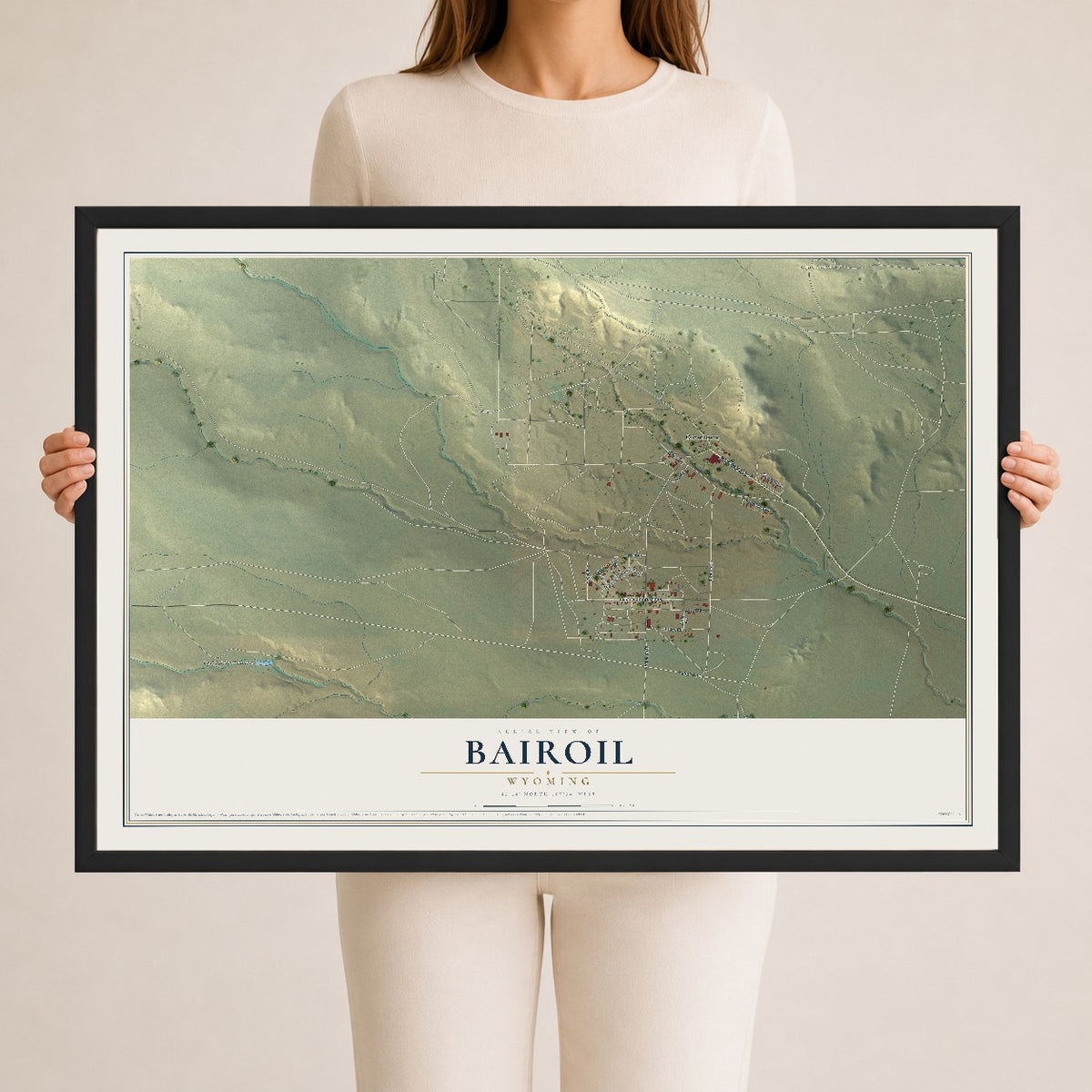 Map of Bairoil, Wyoming, 24 x 36 inch print in a black wood frame