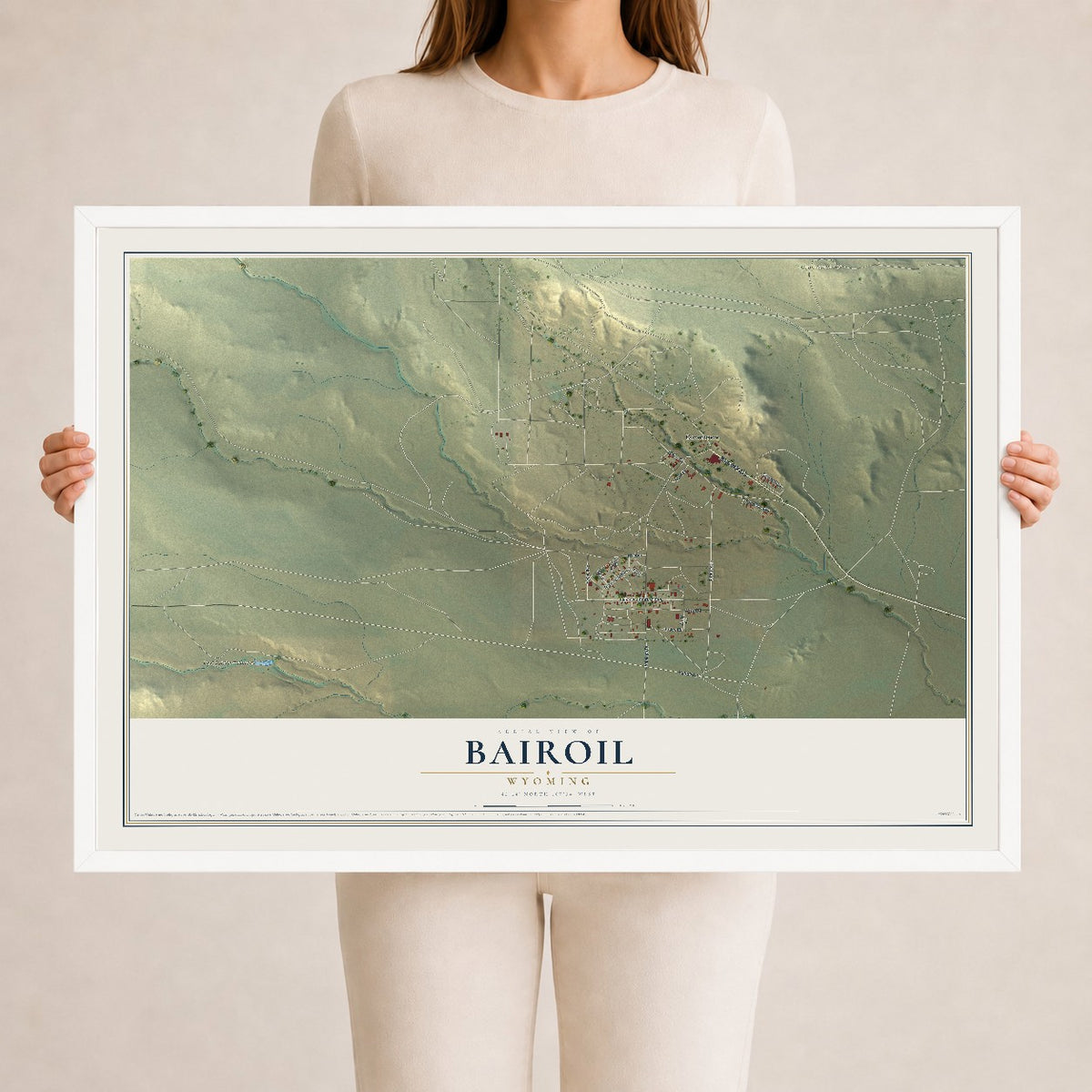 Map of Bairoil, Wyoming, 24 x 36 inch print in a white wood frame