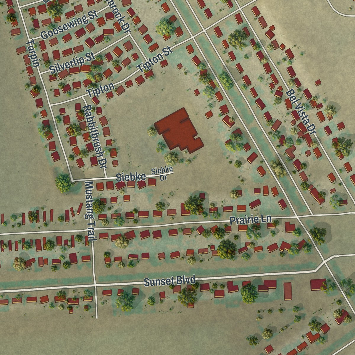 Second close-up of the map of Bar Nunn, Wyoming print showing more streets and buildings