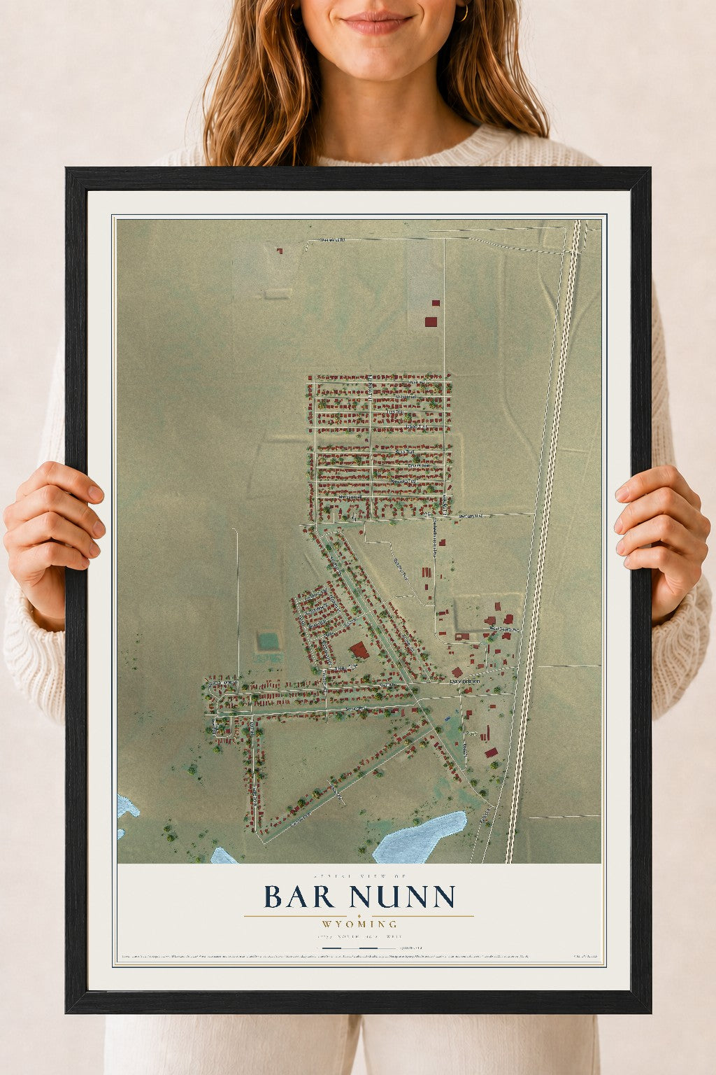 Map of Bar Nunn, Wyoming, 18 x 24 inch print in a black wood frame