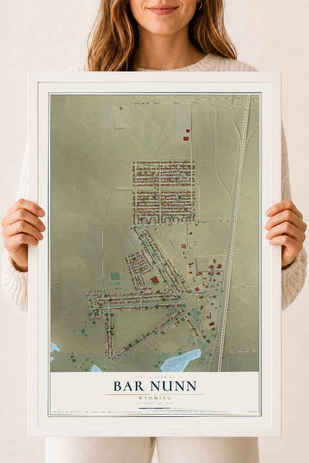 Map of Bar Nunn, Wyoming, 18 x 24 inch print in a white wood frame