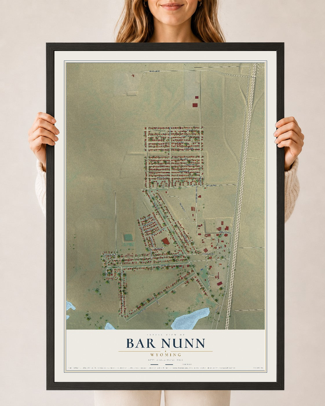 Map of Bar Nunn, Wyoming, 24 x 36 inch print in a black wood frame