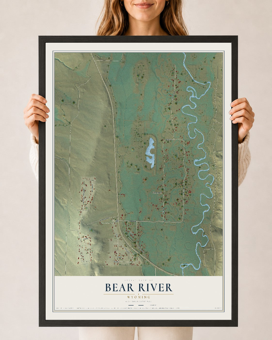 Map of Bear River, Wyoming, 24 x 36 inch print in a black wood frame