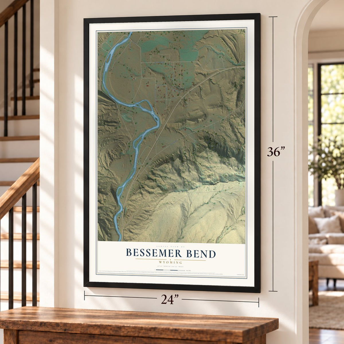 Bessemer Bend, Wyoming map, 24 x 36 inch print in a black frame by a staircase