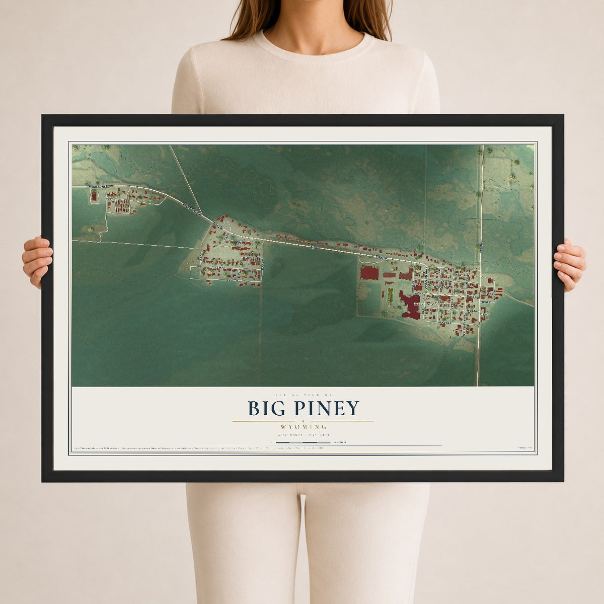 Map of Big Piney, Wyoming, 24 x 36 inch print in a black wood frame