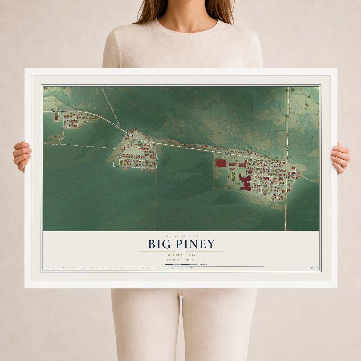 Map of Big Piney, Wyoming, 24 x 36 inch print in a white wood frame