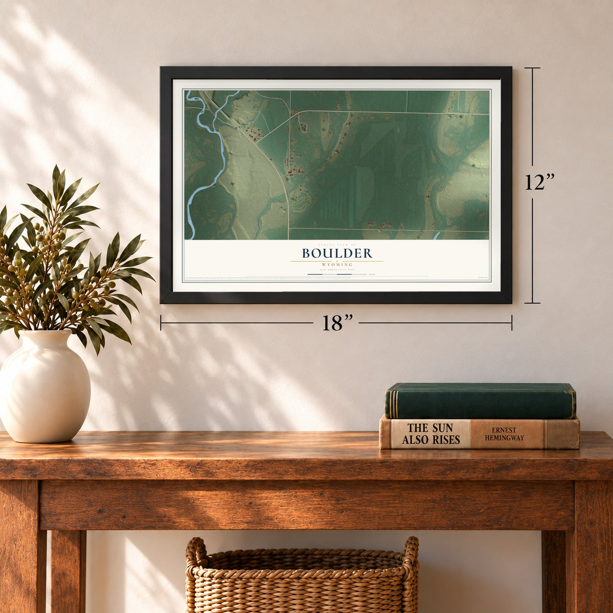 Boulder, Wyoming map, 12 x 18 inch print in a black frame in an entryway