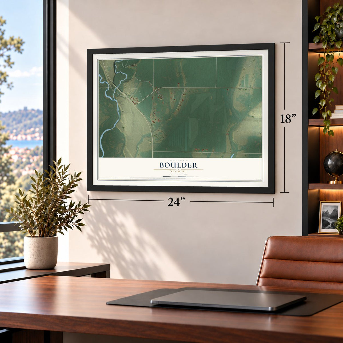 Boulder, Wyoming map, 18 x 24 inch print in a black frame in a home office