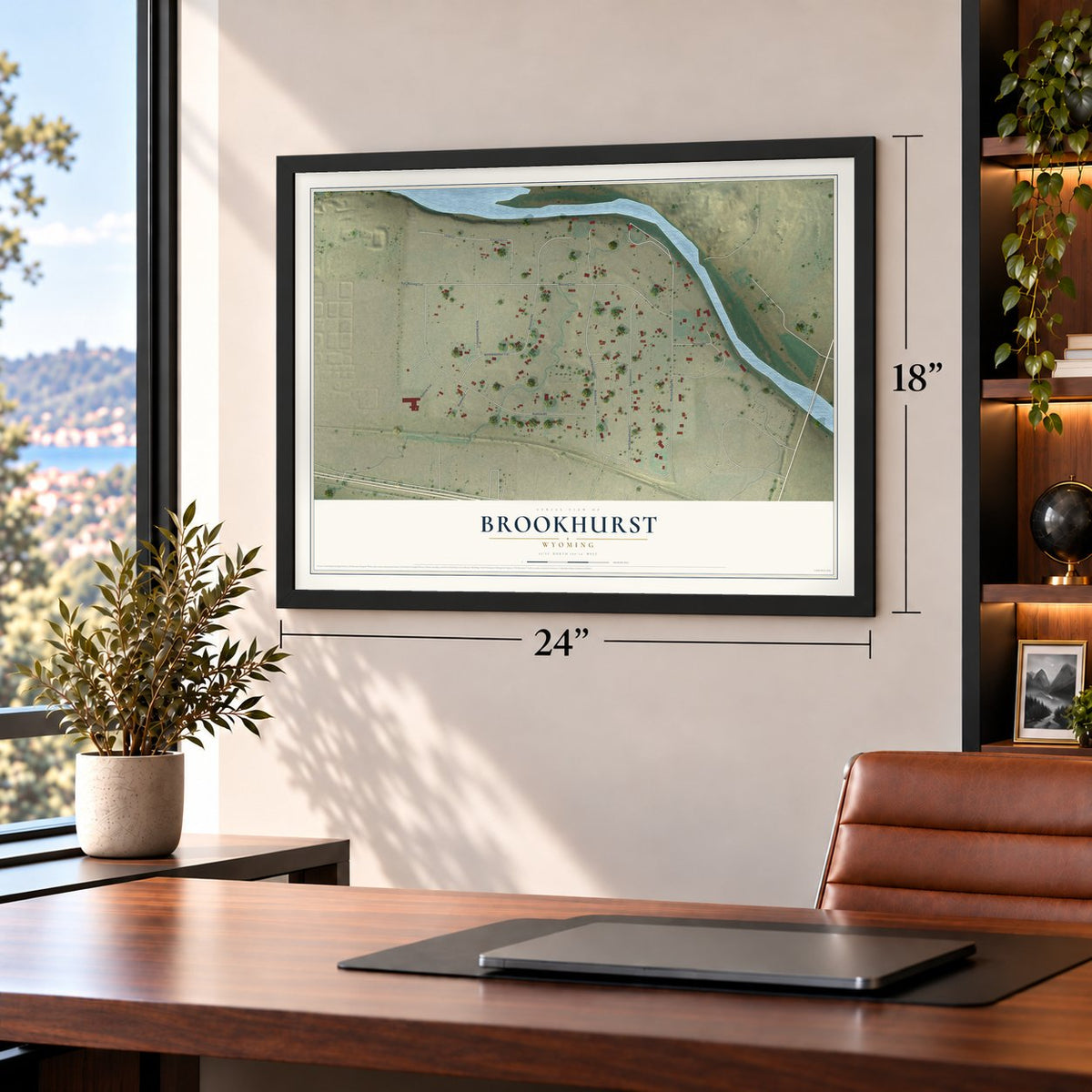 Brookhurst, Wyoming map, 18 x 24 inch print in a black frame in a home office