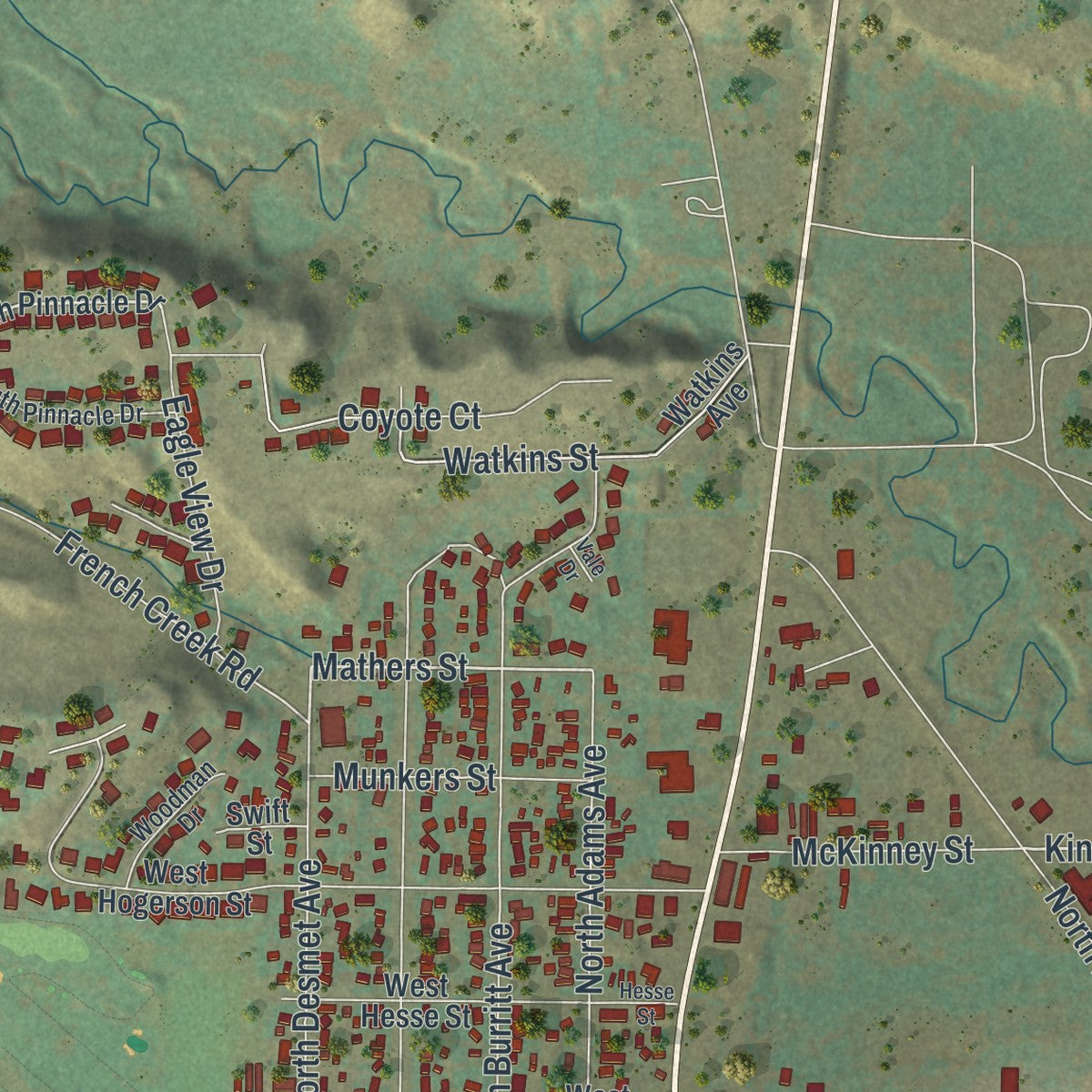 Second close-up of the map of Buffalo, Wyoming print showing more streets and buildings