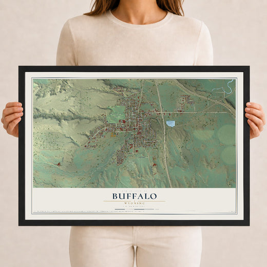 Map of Buffalo, Wyoming, 12 x 18 inch print in a black wood frame