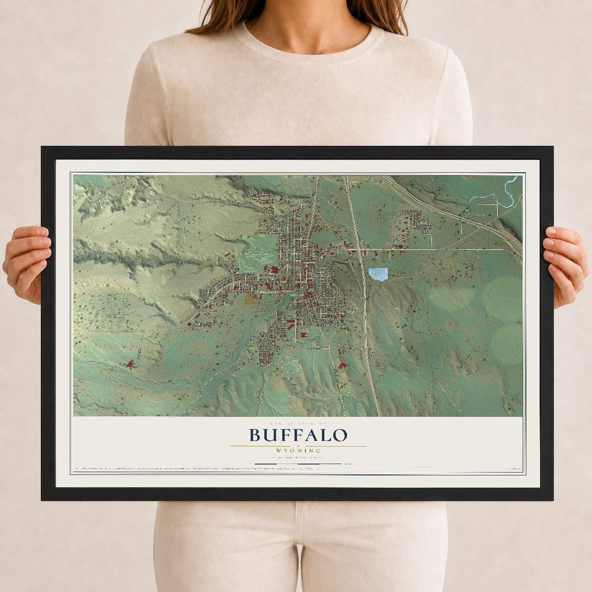 Map of Buffalo, Wyoming, 12 x 18 inch print in a black wood frame