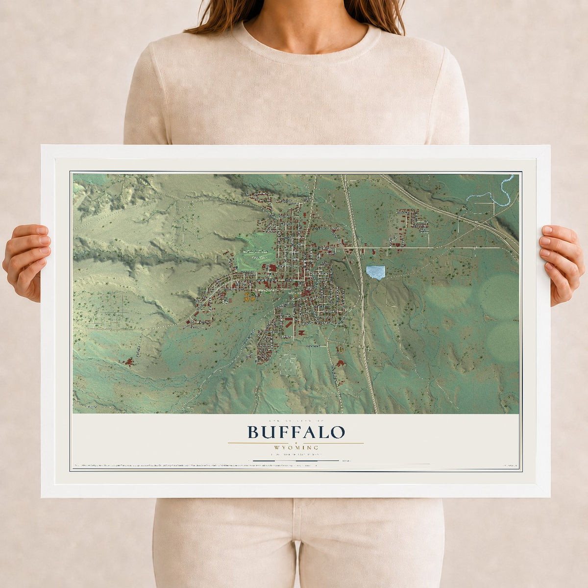 Map of Buffalo, Wyoming, 12 x 18 inch print in a white wood frame