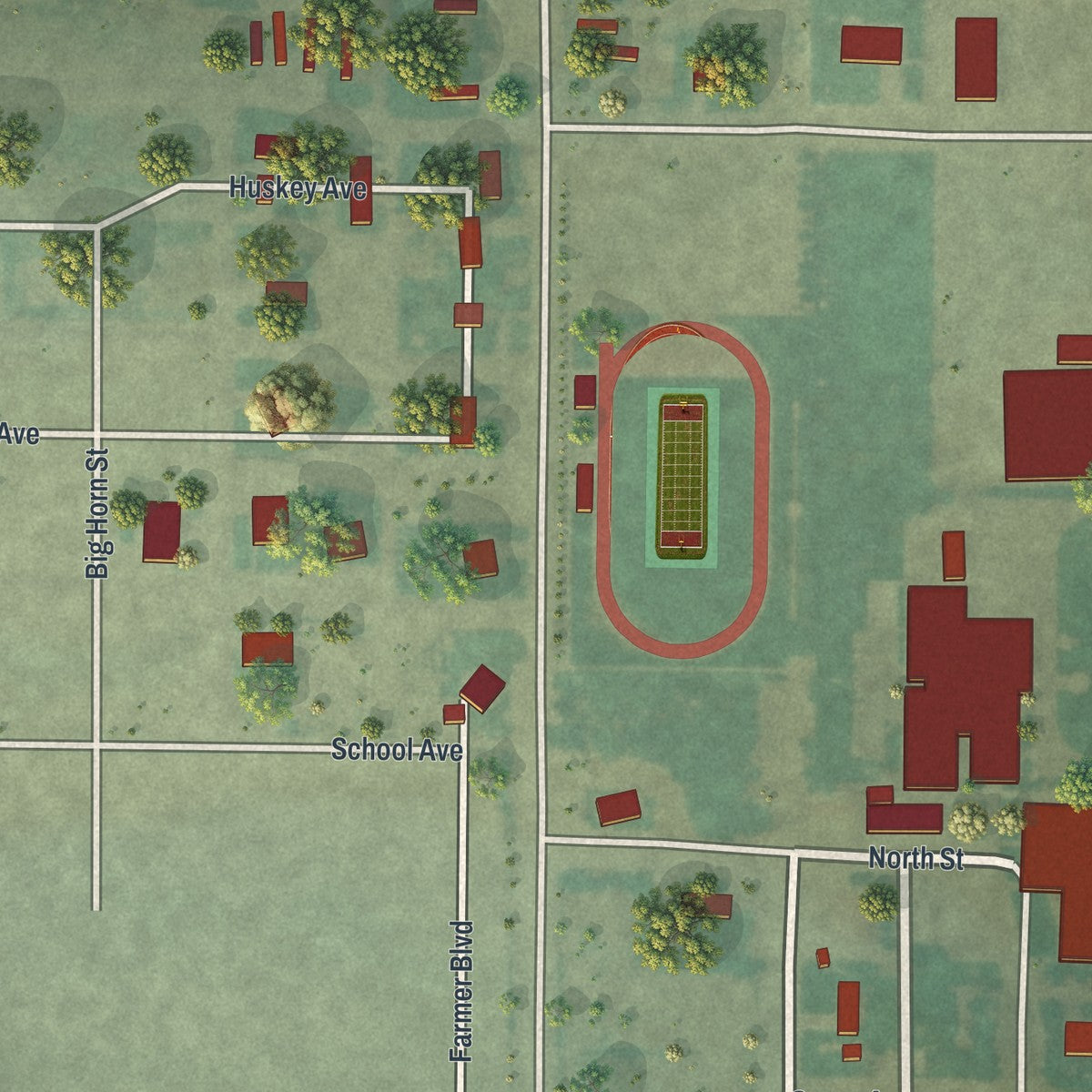 Close-up of the map of Burlington, Wyoming print showing street and building detail