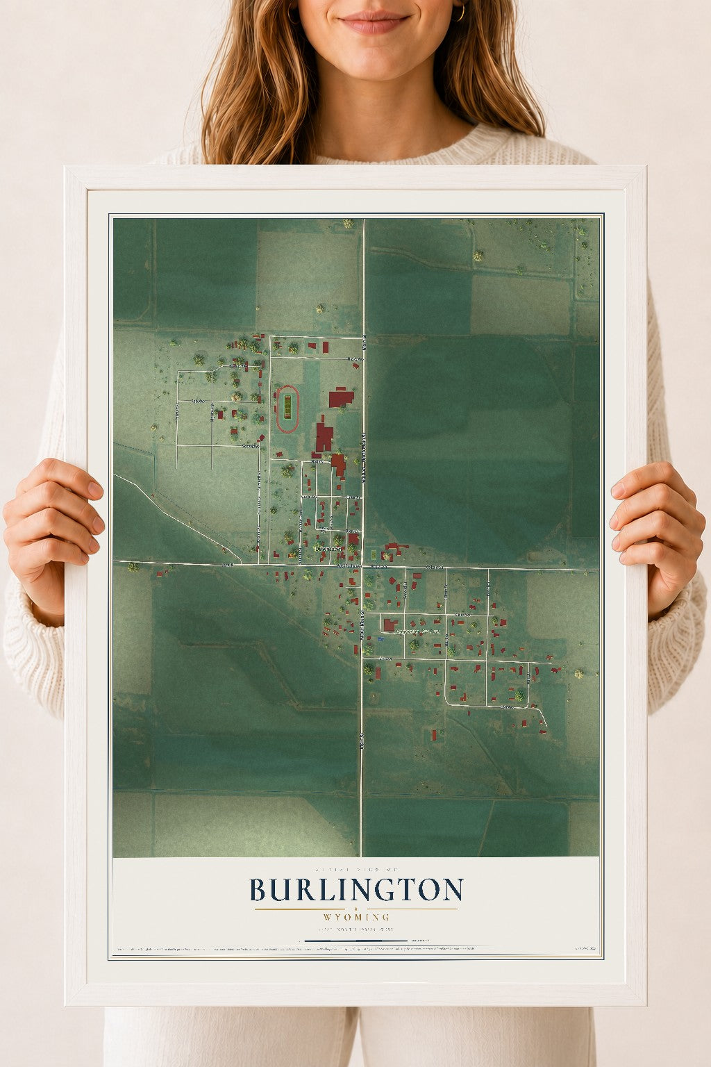 Map of Burlington, Wyoming, 18 x 24 inch print in a white wood frame
