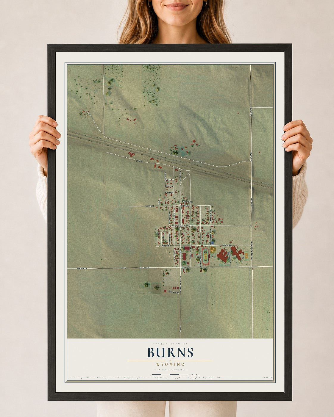 Map of Burns, Wyoming, 24 x 36 inch print in a black wood frame