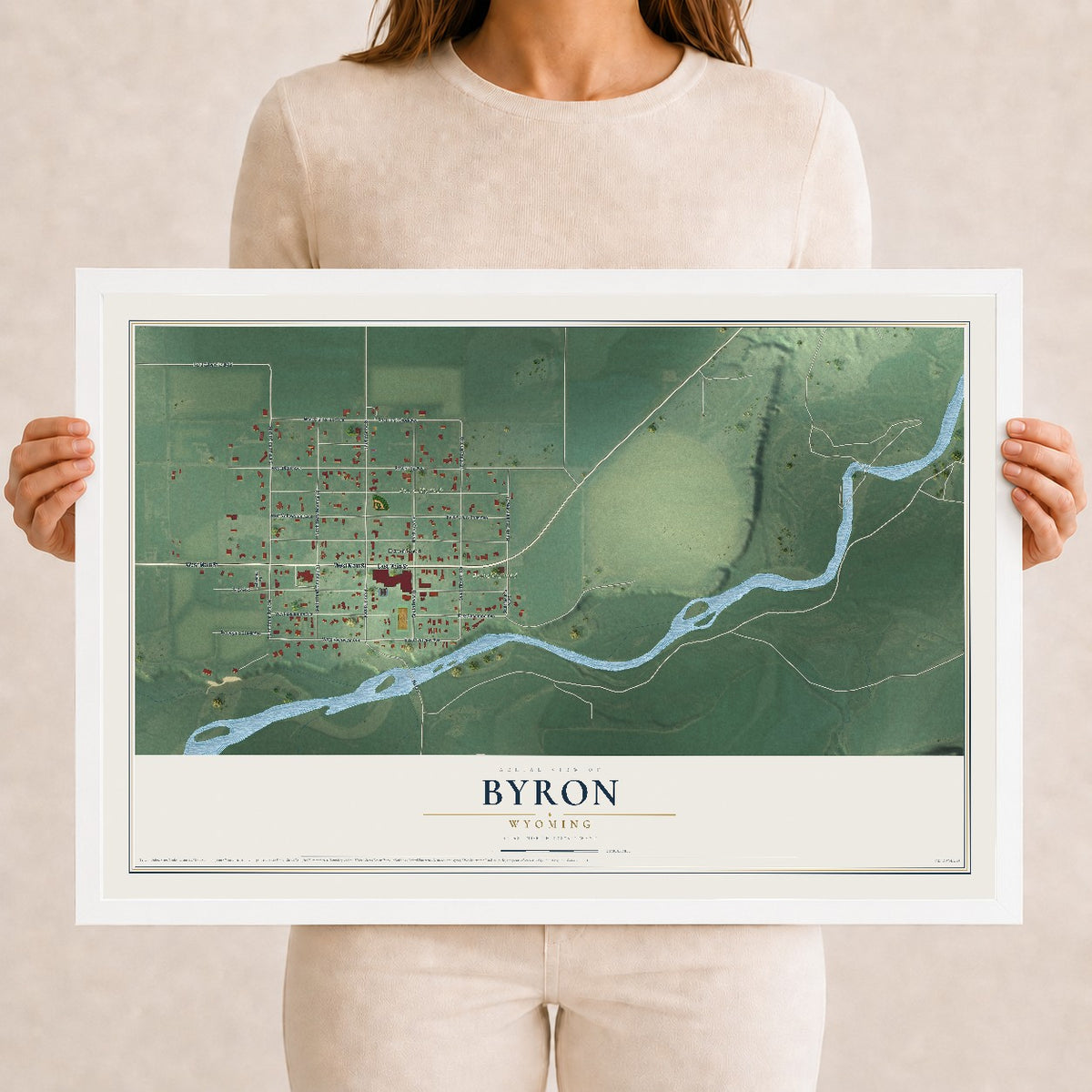 Map of Byron, Wyoming, 12 x 18 inch print in a white wood frame